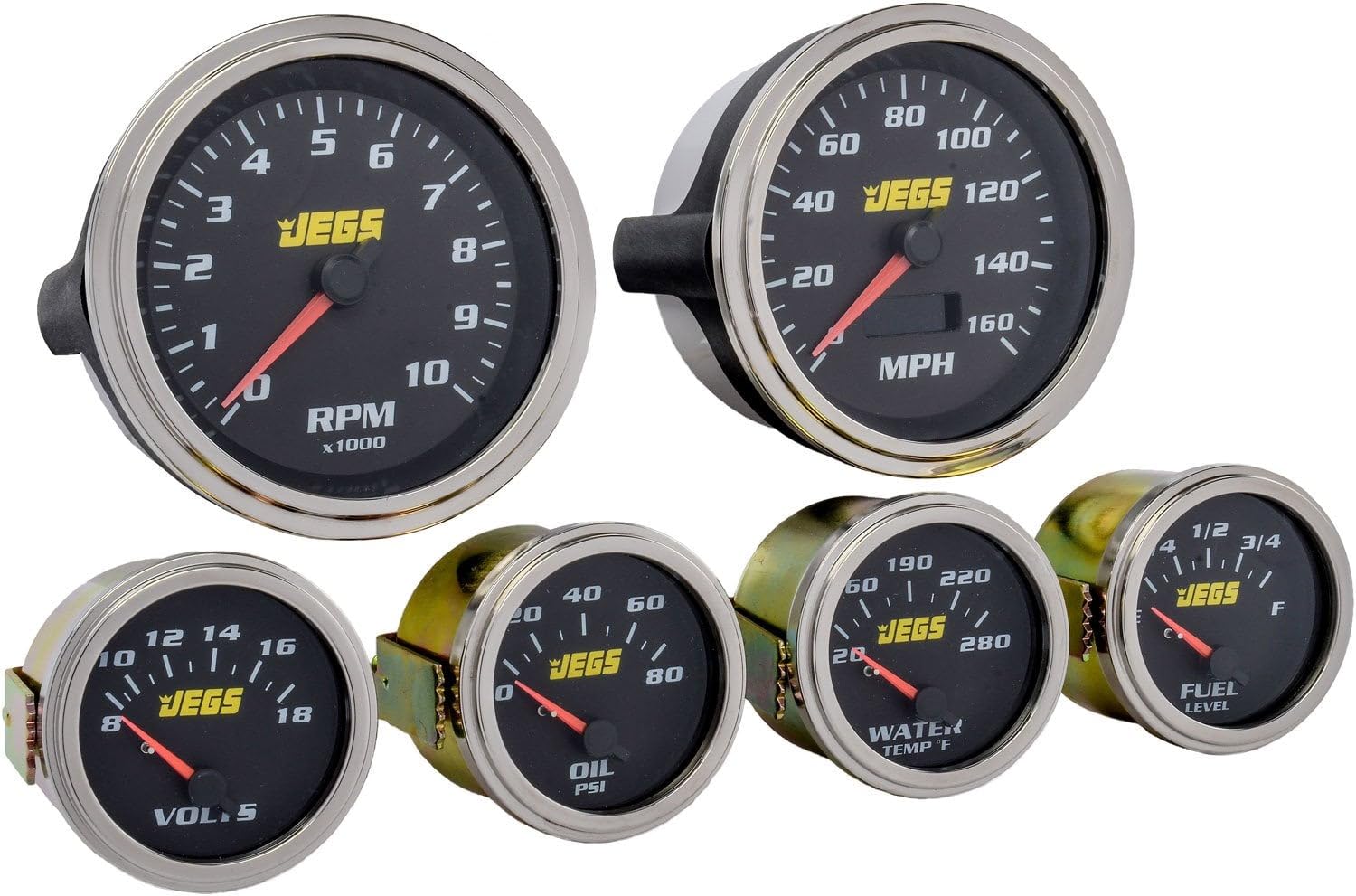 JEGS 6-Gauge Kit | Black Analog Face with White Numbers | 0-90 ohms | LED Lighting | Electric | Includes Speedometer, Tachometer, Voltmeter, Water Temperature, Oil Pressure, Fuel Level
