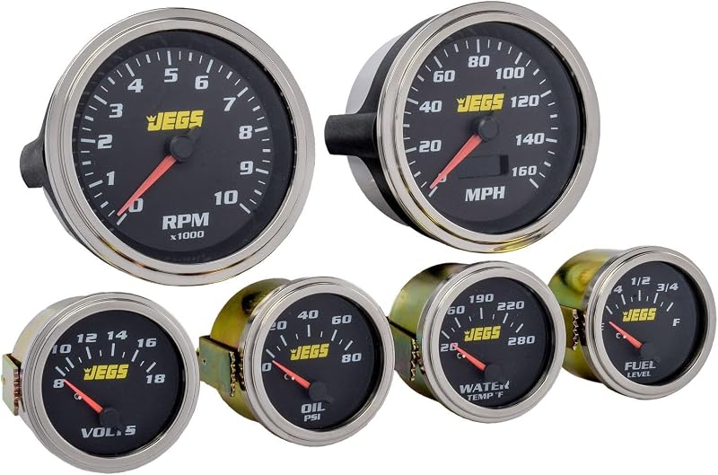 Kit de 6 manômetros JEGS com mostrador analógico preto – Velocímetro e tacômetro de 8,57 cm