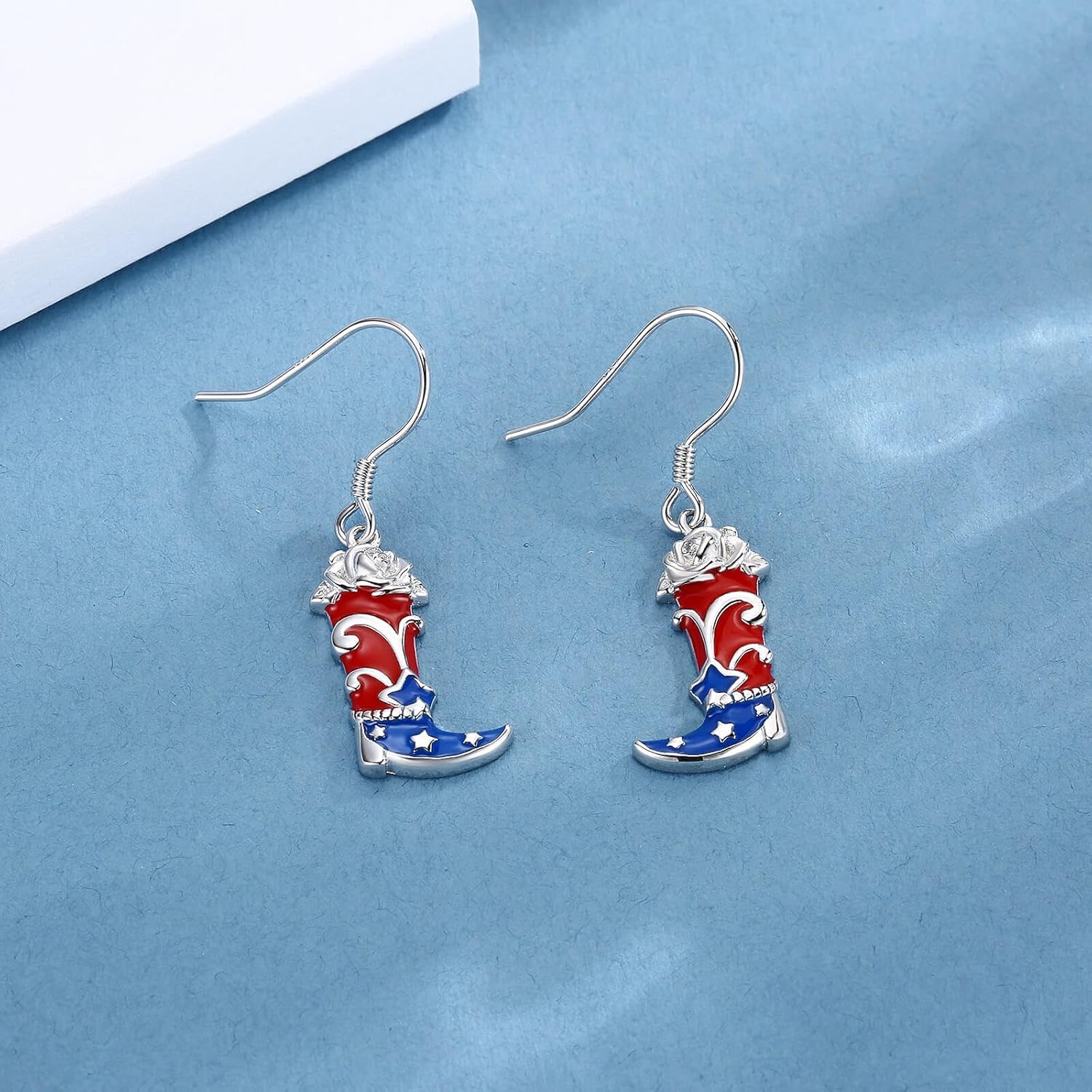 Patriotic American Flag Dangle Earrings for Women 925 Sterling Silver-4th of July Independence Day Red White Blue Patriotic Jewelry Gifts-Western Cowgirl Boots USA Flag Drop Earrings - Image 4
