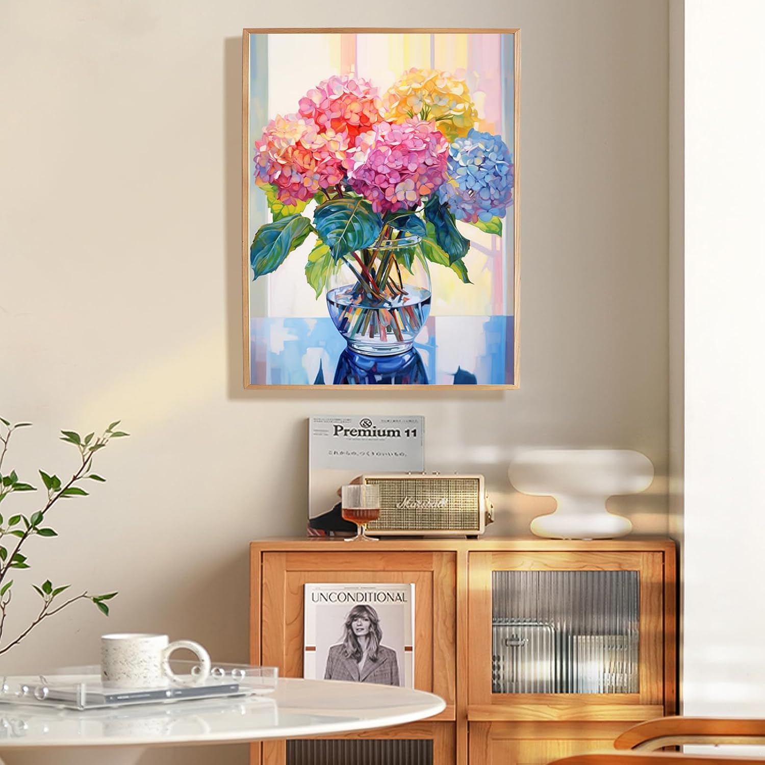 Framed Paint by Numbers Kit for Adults Beginner 12x16 Inch, Hydrangea in Glass Vase Window Paint by Number with Frame, Acrylic Colorful Flowers Painting by Numbers Kit on Canvas for Home Decor Gift