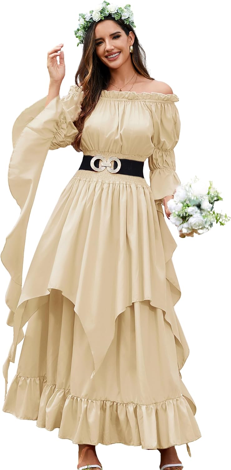 Renaissance Dress Women Victorian Medieval Gothic Witch Fairy Wedding Beige Off Shoulder Puff Sleeve Ruffle Dresses