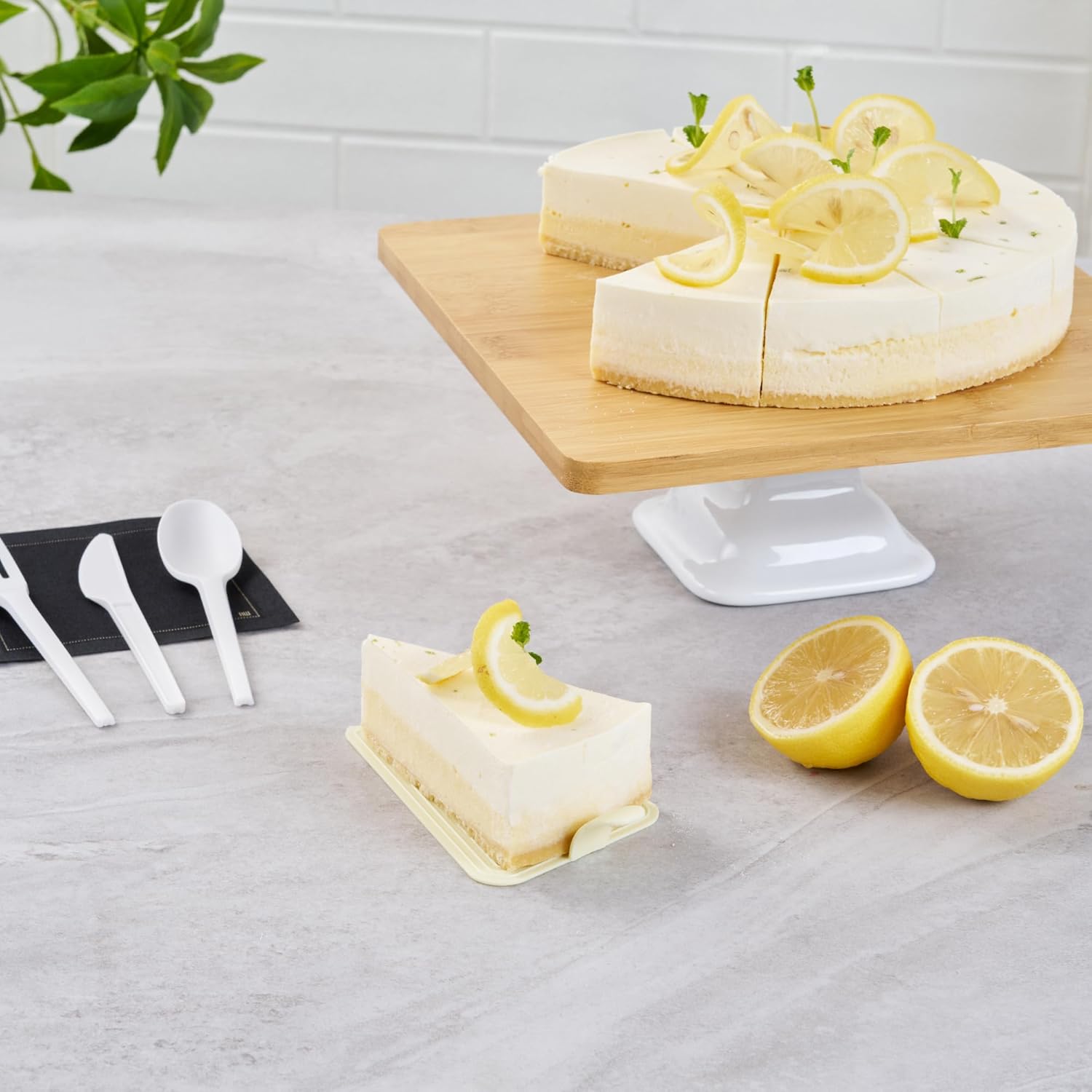 Restaurantware 4.5 x 3 Inch Cake Boards 100 Triangle Dessert Trays - Lightweight With Handle Lemon Chiffon Plastic Pastry Boards Disposable Serves Appetizers Or Desserts