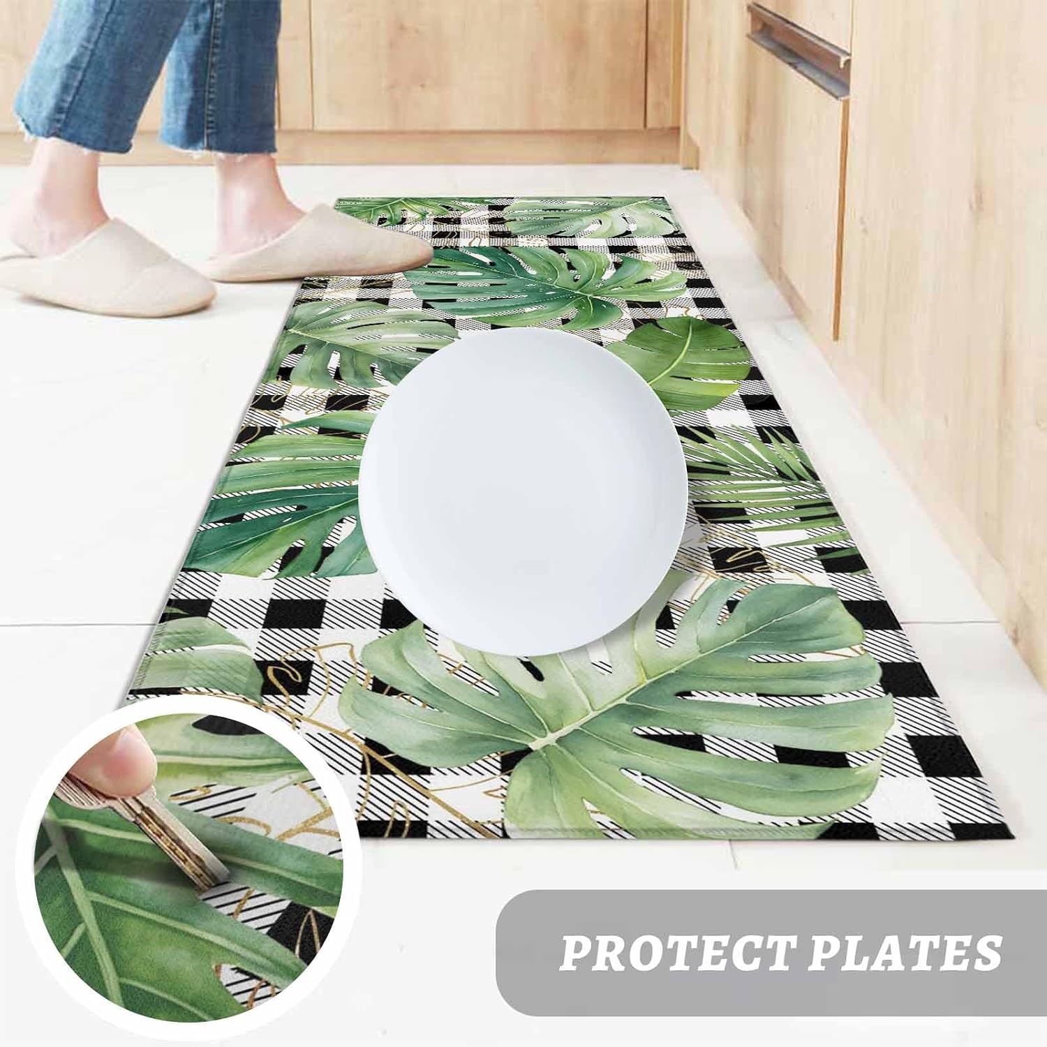 Kitchen Mats for Floor Farm Tropical Plant on Buffalo Washable Non Slip Kitchen Rugs 1PCS, Monstera Leaf Black White Plaid Absorbent Standing Mats for Sink Bathroom Office Living Room 23.6x70.9in