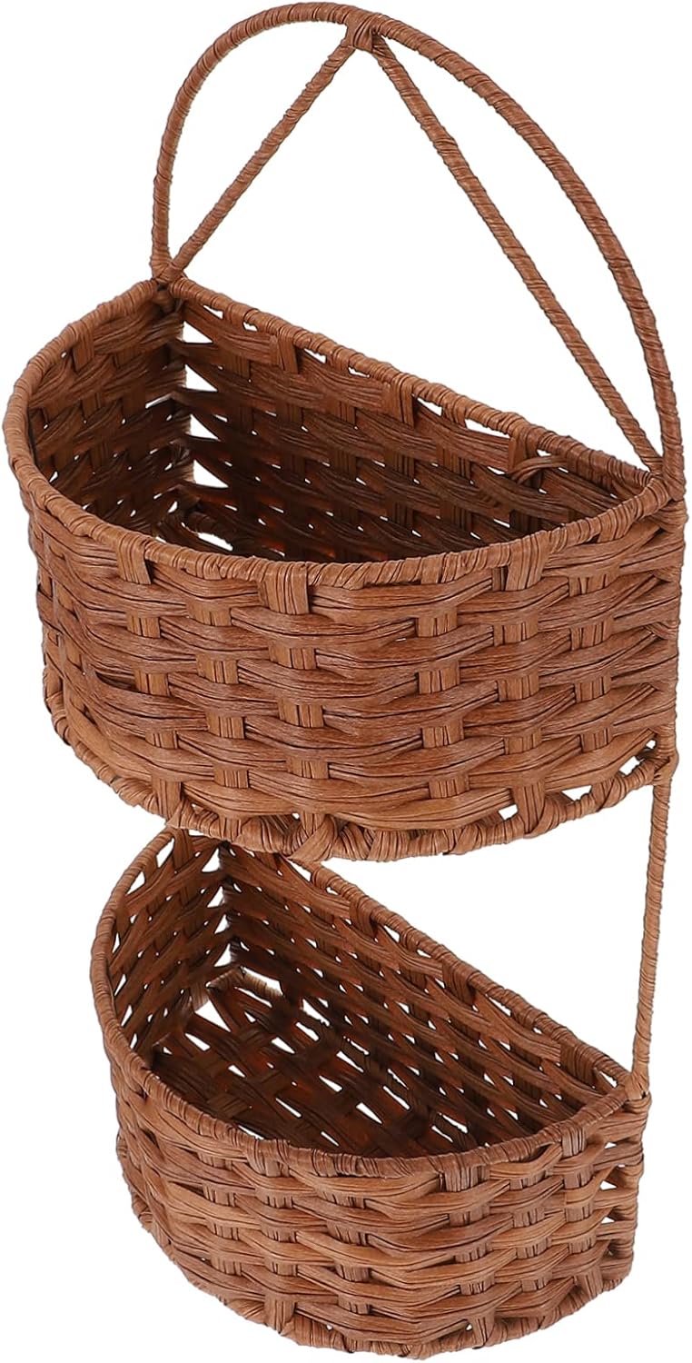 Door Hanging Basket Dual Layer Plastic Iron Wall Organizer Brown