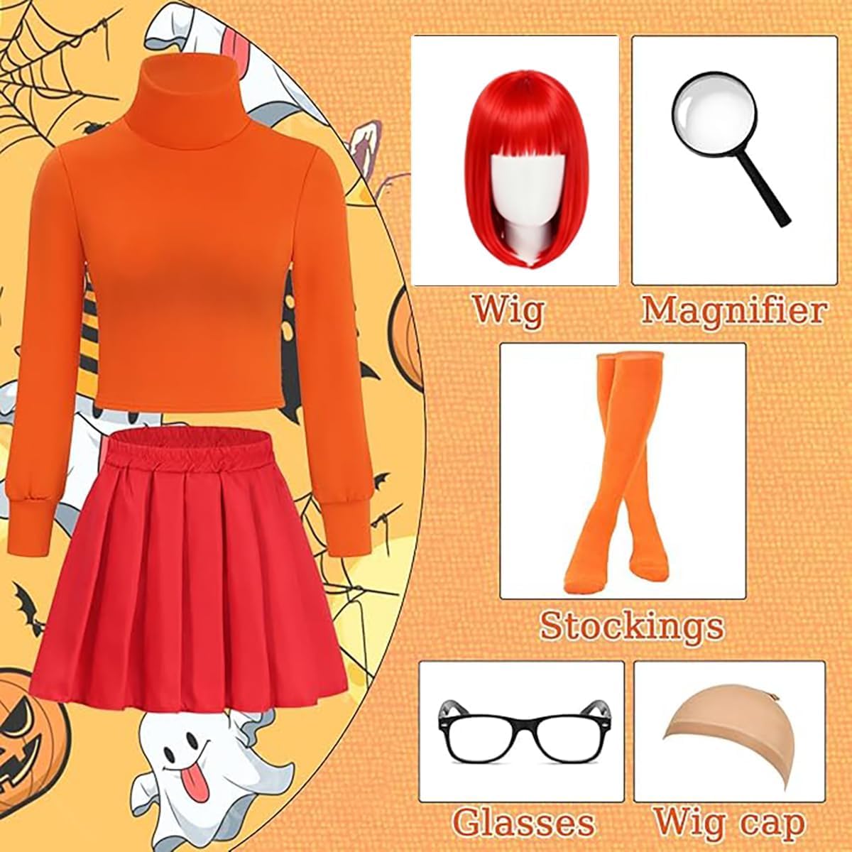 Halloween 7-Piece Velma Costume Women Outfit Women Character Costume Set,Classic Movie Costumes - Image 2
