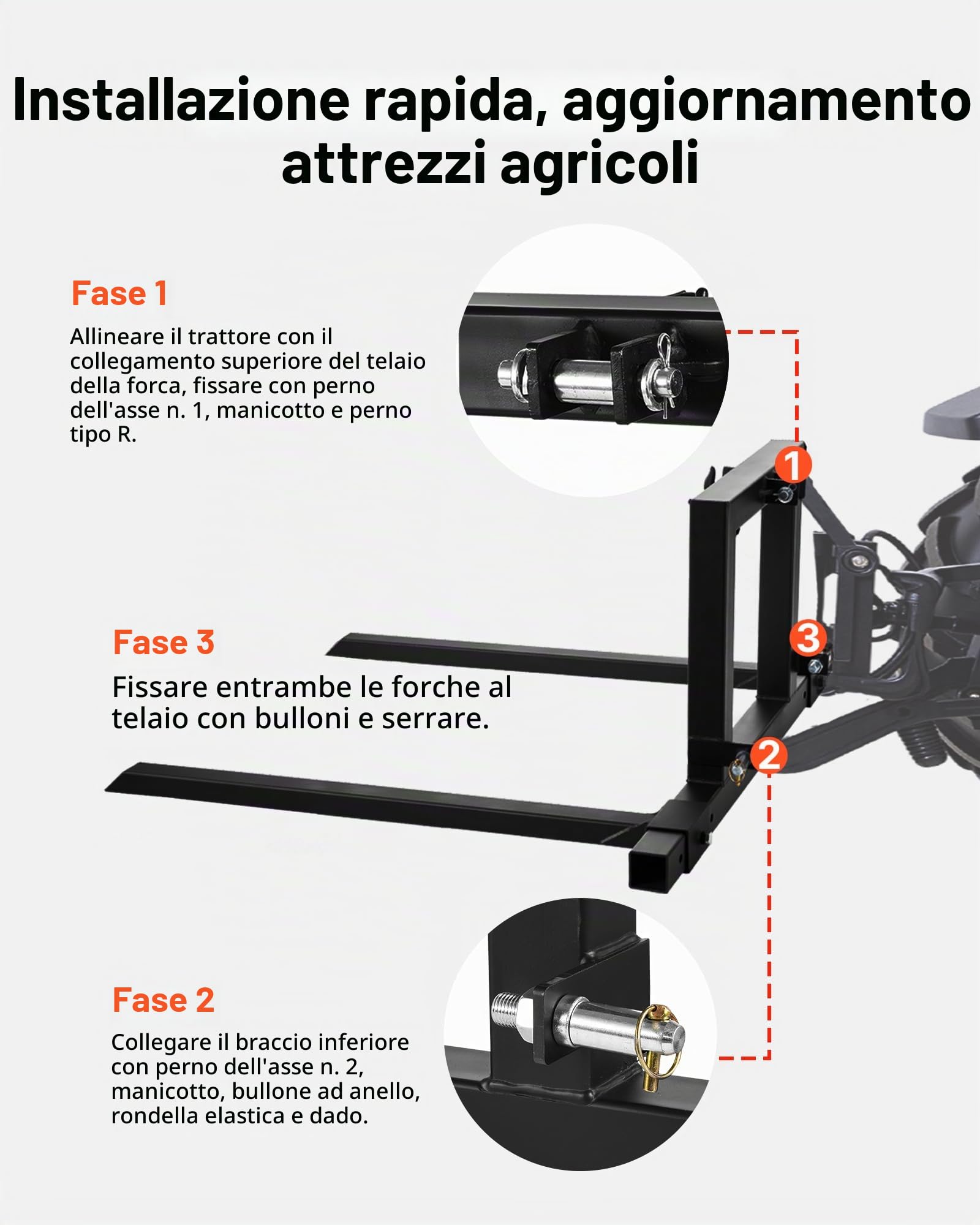 VEVOR Forche per Transpallet con Attacco a 3 Punti da 680 kg, Lunghezza Totale 128 cm, Larghezza Forca Regolabile da 73,5 a 117 cm, Attacchi a Sgancio Rapido per Trattori di Categoria 1