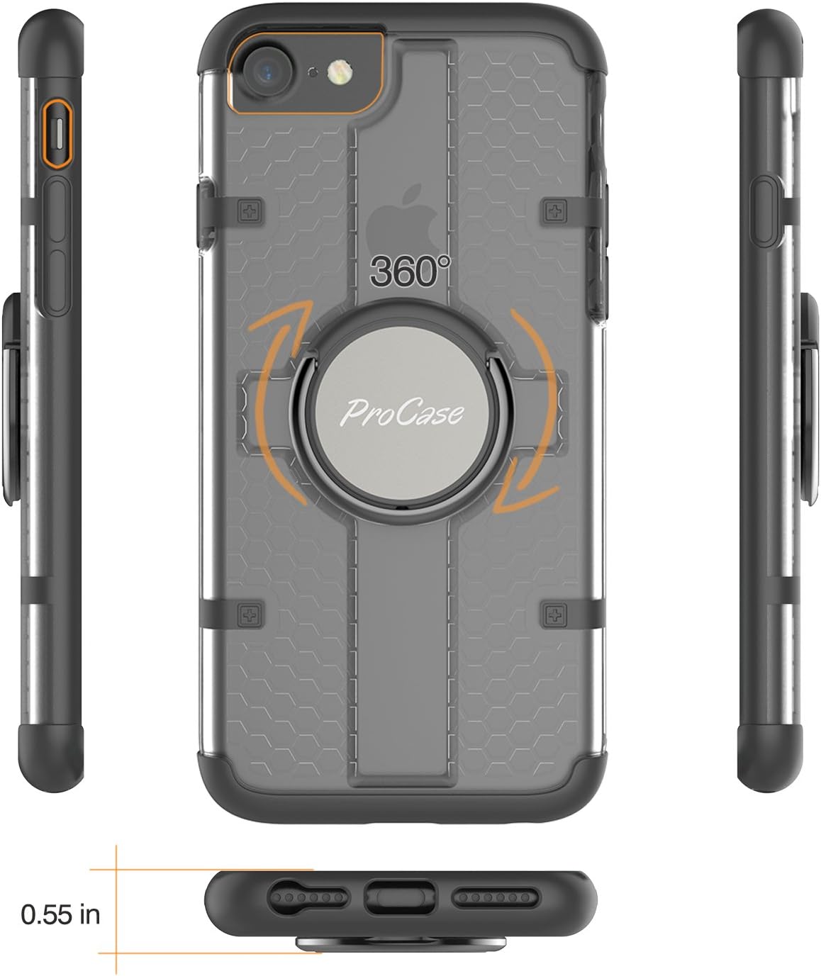 ProCase iPhone SE 2022 (3rd Gen) / iPhone SE 2020 (2nd Gen) / iPhone 8 / iPhone 7 Case with Grip Ring Holder, Kickstand Cover with Rotating Ring Holder Stand for Magnetic Car Mount Holder -Black