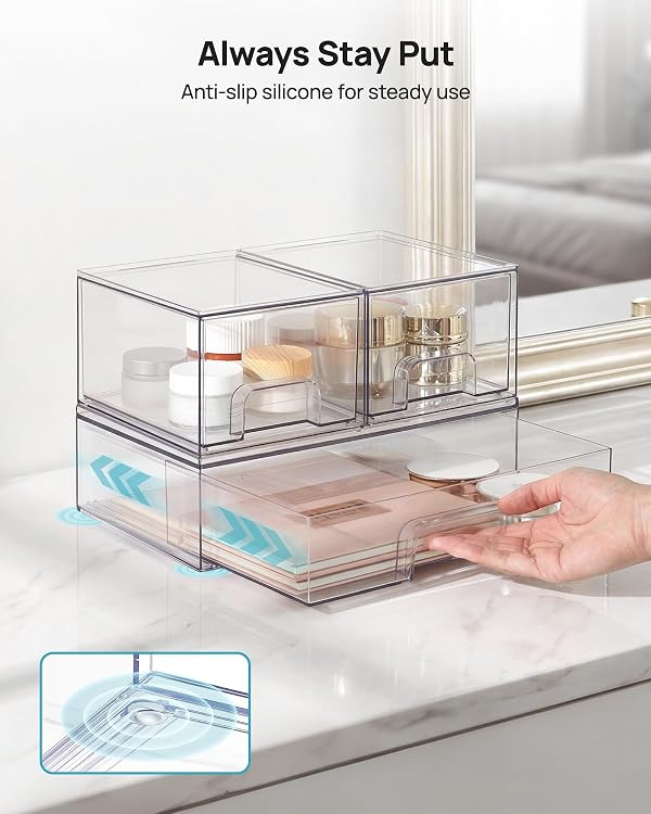 Vtopmart Stackable Storage Drawers Set of 3,Clear Plastic Organizer Bins for Makeup, Cosmetics, Beauty Supplies,Ideal for Vanity, Bathroom,Cabinet,Pantry Organization by Vtopmart - Image 7