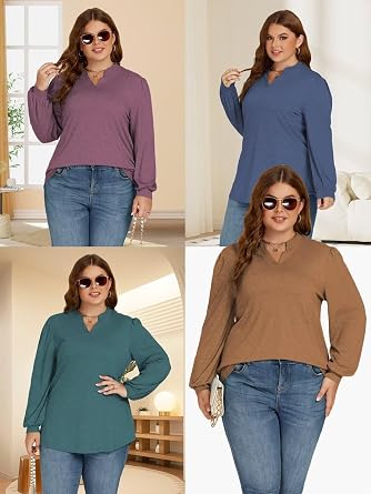 Plus-Size-Tops for Women Dressy Puff Lantern Long Sleeve Shirts Cute Notch V Neck Casual Tunic Blouses XL-5XL