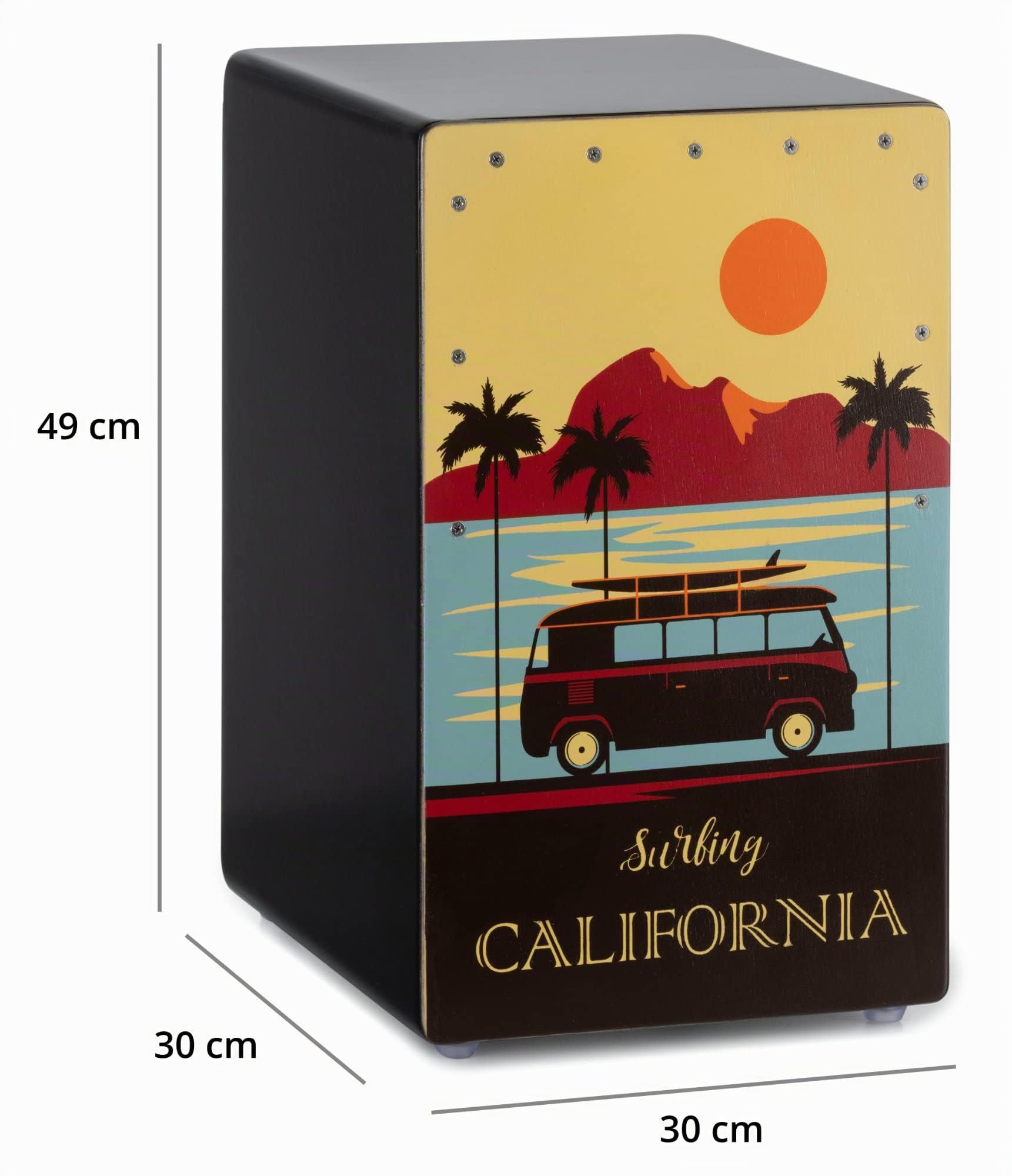 XDrum Design Series Cajon "California", Integrierter Bass Port, 5 cm | Designer-Cajon mit "California"-Kunstdruck, Korpus: HPL (High Pressure Laminate), Obere Hälfte der Schlagfläche geschraubt
