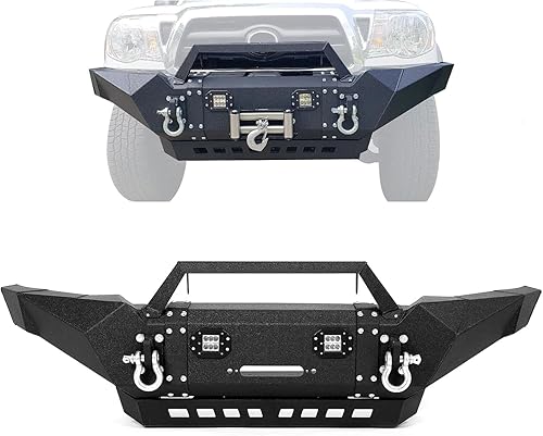 KUAFU Parachoques delantero compatible con Toyota Tacoma 2005-2015 con placa de cabrestante, luces LED, anillos en D, acero negro con recubrimiento
