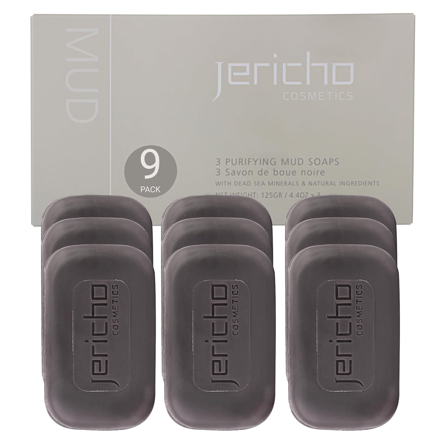 Jericho Dead Sea Mud Soap Bar, Natural Face & Body Detox with Exfoliating Dead Sea Minerals & Soothing Witch Hazel. 4.4 Oz /125g (Pack of 9)