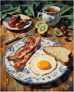TAOPAOLAB Breakfast Scene Paint by Numbers Kit for Adults - DIY Sunny Side Up Egg and Bacon Painting on Canvas 16x20 Inches, Acrylic Paint Set, Suitable for Beginners, Kitchen Art for Home Decoration