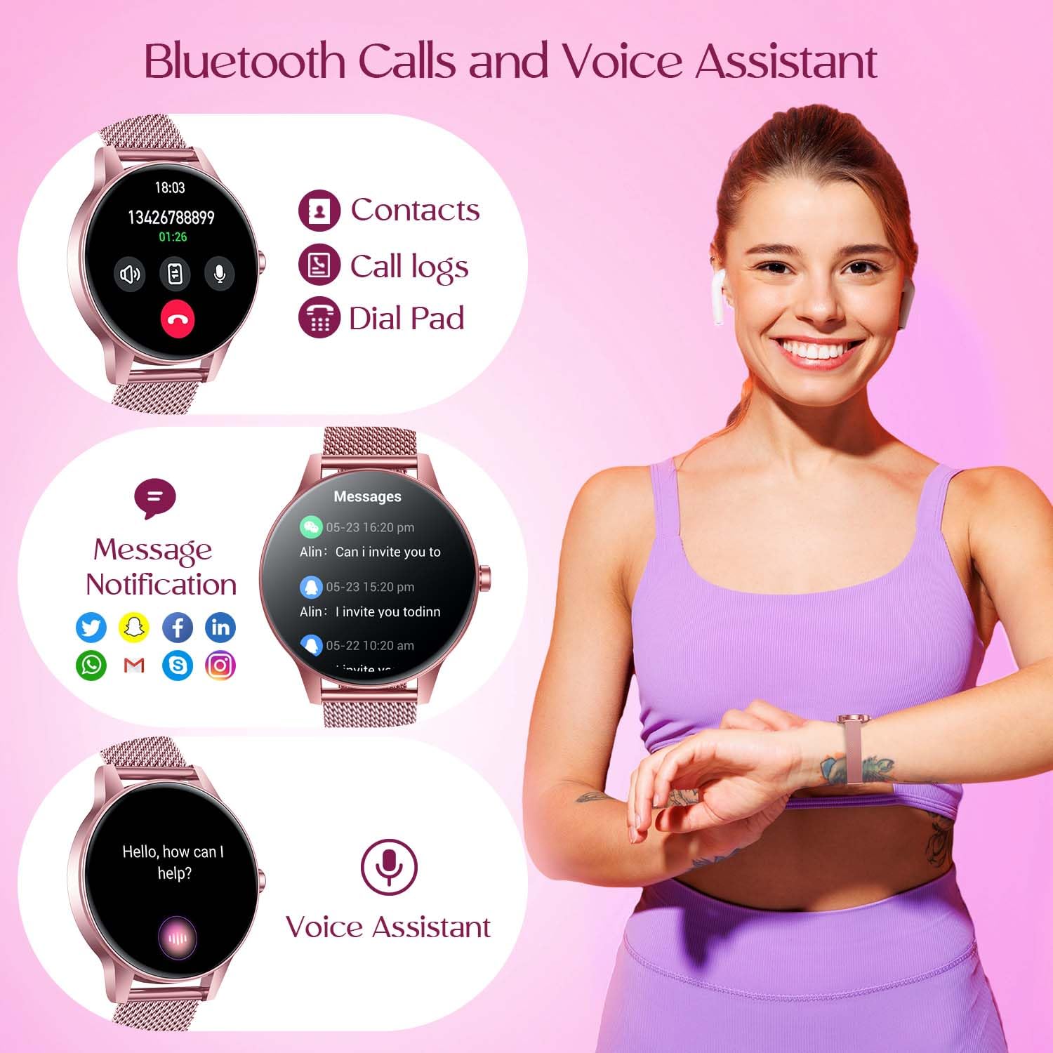 Smartwatch Donna Orologio Chiamate Bluetooth: 1,27" Tondo Touch Orologi Smart Watch da Impermeabile Sport Fitness Contapassi Cardiofrequenzimetro Pressione Caloriec Rosa Polso per Android iOS Telefono