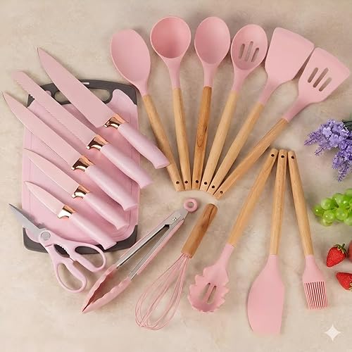 Miniatura 4 de Juego de utensilios de cocina rosa de 19 piezas, utensilios de cocina de silicona, juego de espátulas no tóxicas, herramientas de cocina, tabla de