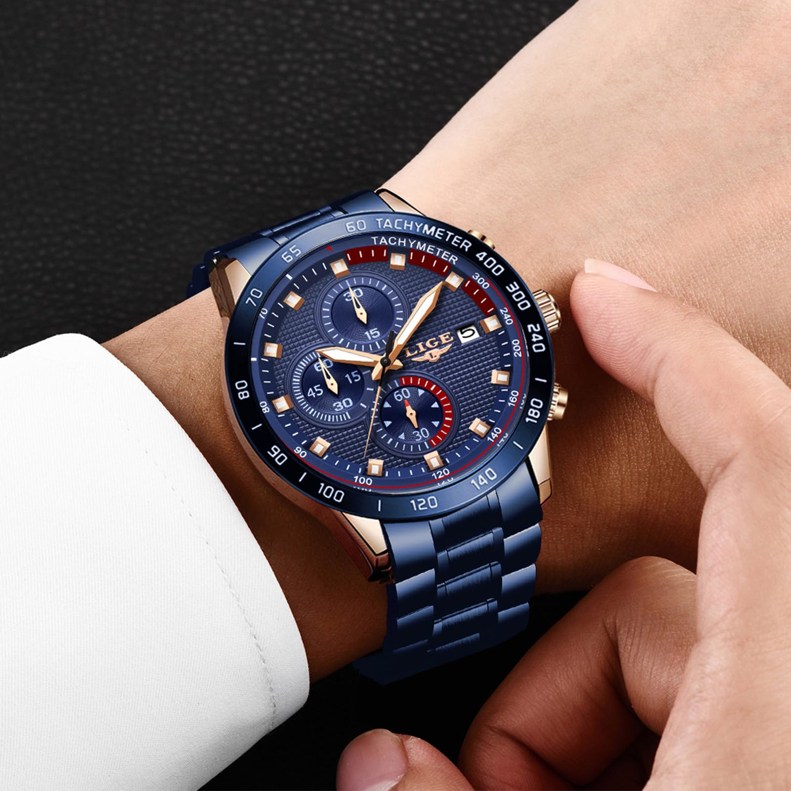 LIGE Montre Homme Chronographe Sport Étanche Acier Inoxydable d'affaires Mouvement Analogique à Quartz Montres Bracelet pour Homme