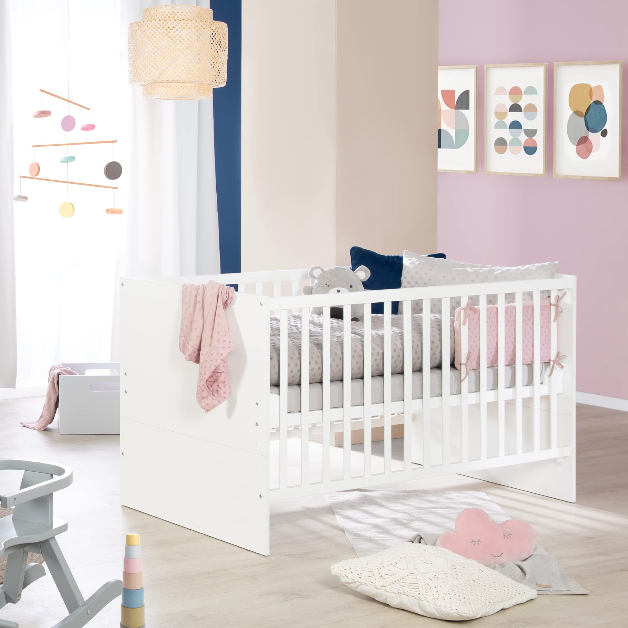 roba Cuna Evolutiva 70 x 140 cm Anton - Convertible en Cama Infantil - Ajustable en Altura - Incluye Lados de Conversión - 3 Barrotes Extraíbles - Madera Lacada Blanca