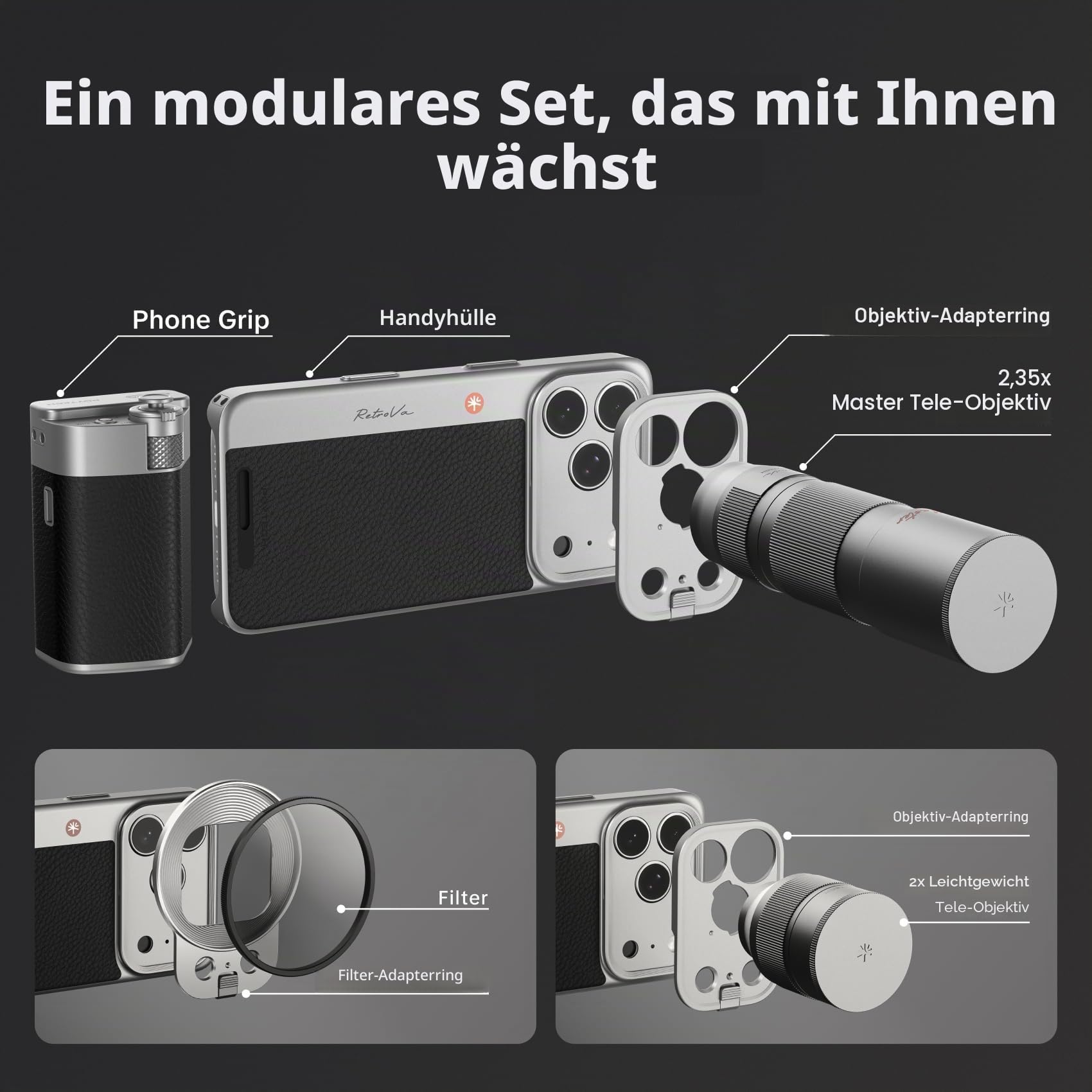 PGYTECH 2X Teleobjektiv für iPhone 17 Pro, RetroVa Vintage Imaging Kit mit Objektiv-Adapterring & Tasche, Professioneller Optischer Extender für Kinoreife Fernaufnahmen