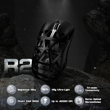 ATTACK SHARK R2PRO 45g Superlight Magnesium Alloy Mouse, Black&Tape | PixArt PAW3950 Sensor, 42000 DPI, 8000Hz Wireless Polling Rate, 2.4G/BT/Wired, Coiled Cable, Programmable Buttons for PC/Mac