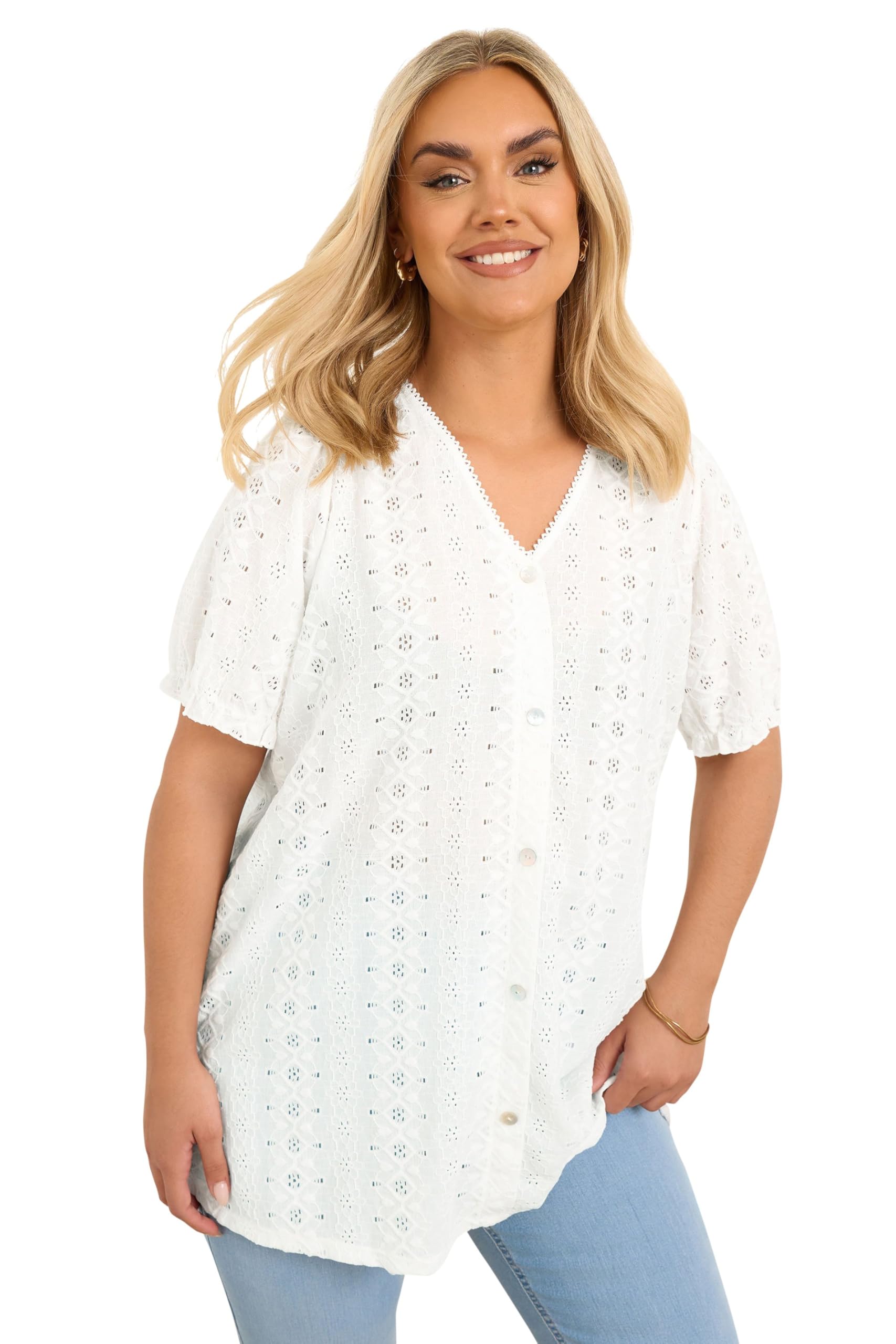 Yours Women's White Curve Broderie Anglaise Puff Sleeve Blouse - - Plus Curve 26-28 Plus
