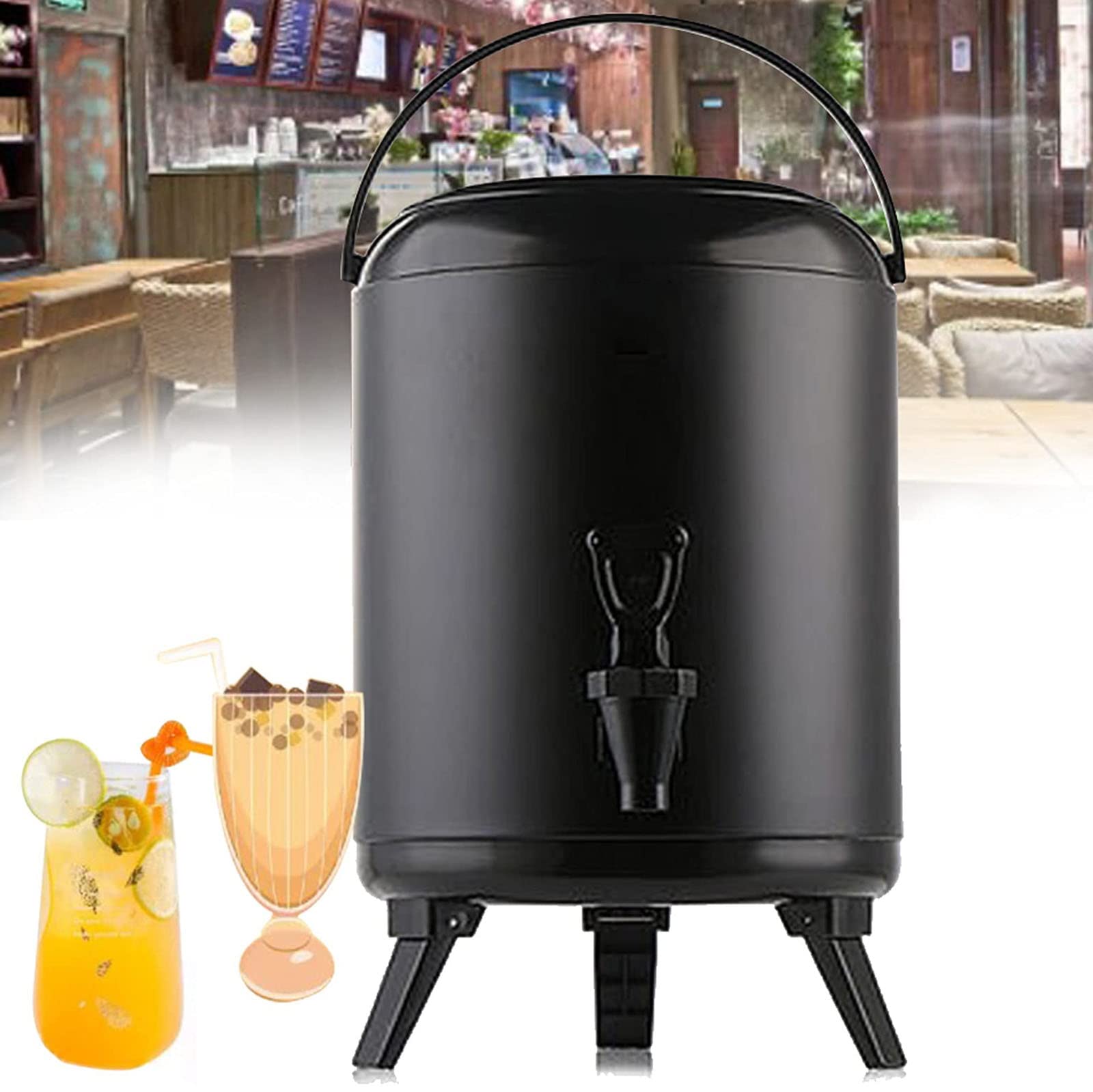 MYUYEE Commercial Insulated Beverage Dispenser, Stainless Steel Milk Tea Insulation Bucket, Coffee Urn Insulated Container Large Capacity,Stainless Steel Bucket (Black-6L)