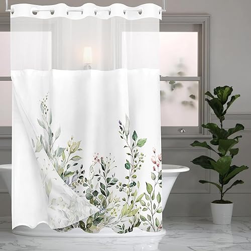 Vista 334 de Tititex - Juego de cortinas de ducha de eucalipto verde oliva, hojas de acuarela en la parte superior con decoración floral de baño, 60 x 72 Hojas