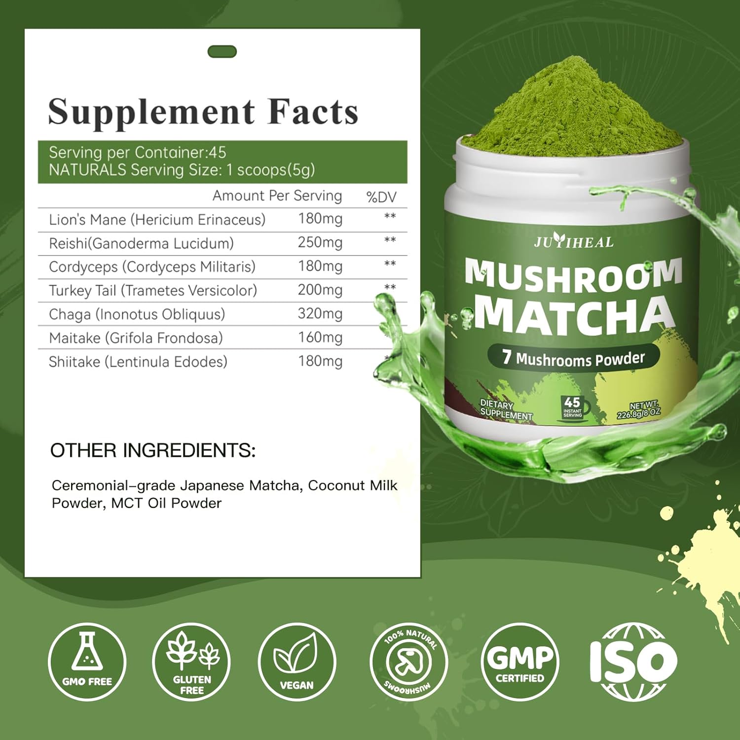 JUYIHEAL Mushroom Matcha 8 Oz | Japanese Ceremonial Matcha Infused with 7 Superfood Mushrooms, MCT Oil, Coconut Milk Powder | Energy, Focus, Digestion, Immunity (45 Servings) - Image 2
