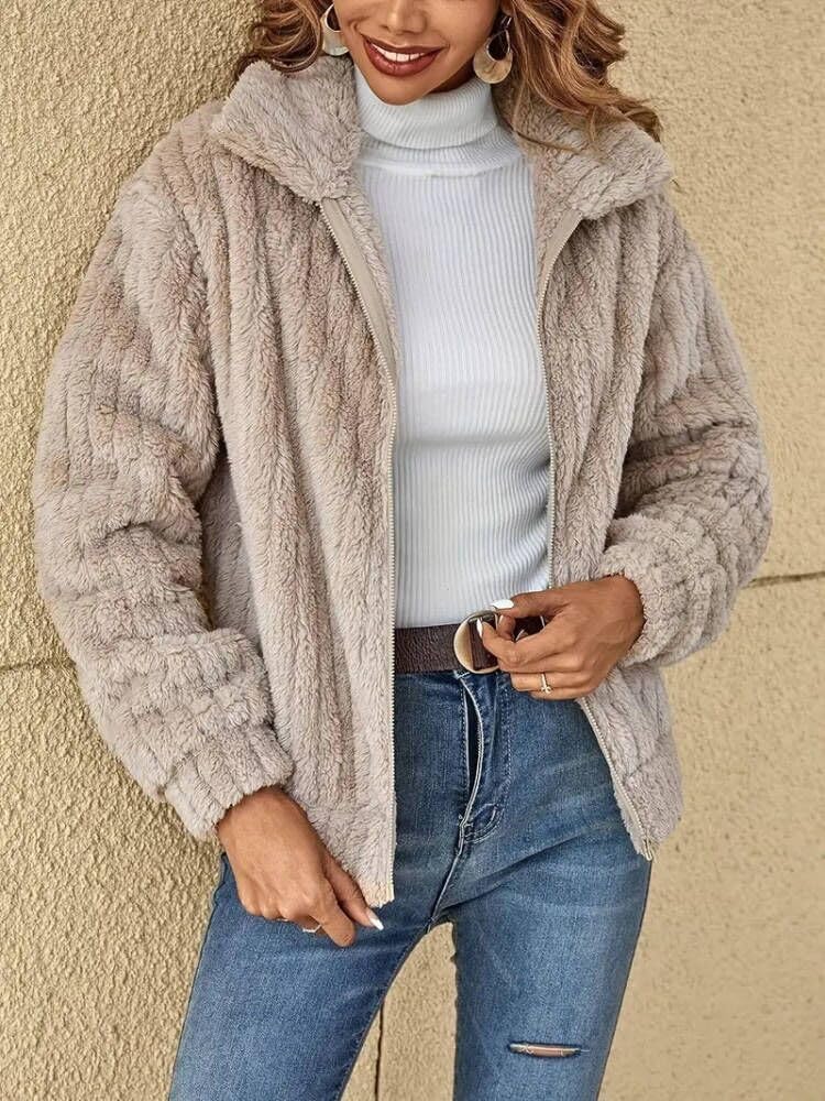Mujer Abrigo Cálido de Forro Polar Chaqueta Manga Larga Elegante Abrigos Corta de Piel Sintética Invierno