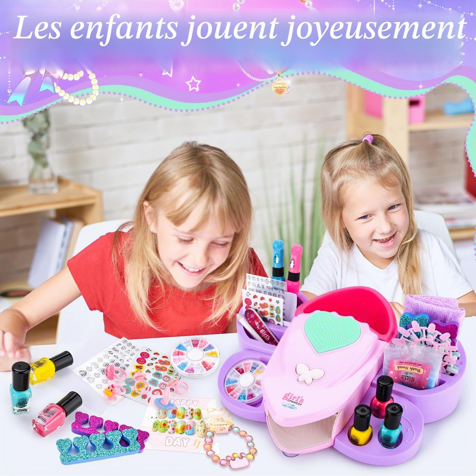 Kit Manucure Enfant Fille,Nail Art Jouet Cadeau,Contient Sèche Ongles,Peel-off Pailleté Vernis à Ongles,du glitter,des autocollants amusants,etc. 6+ Ans Cadeau d'anniversaire De Noël pour Filles
