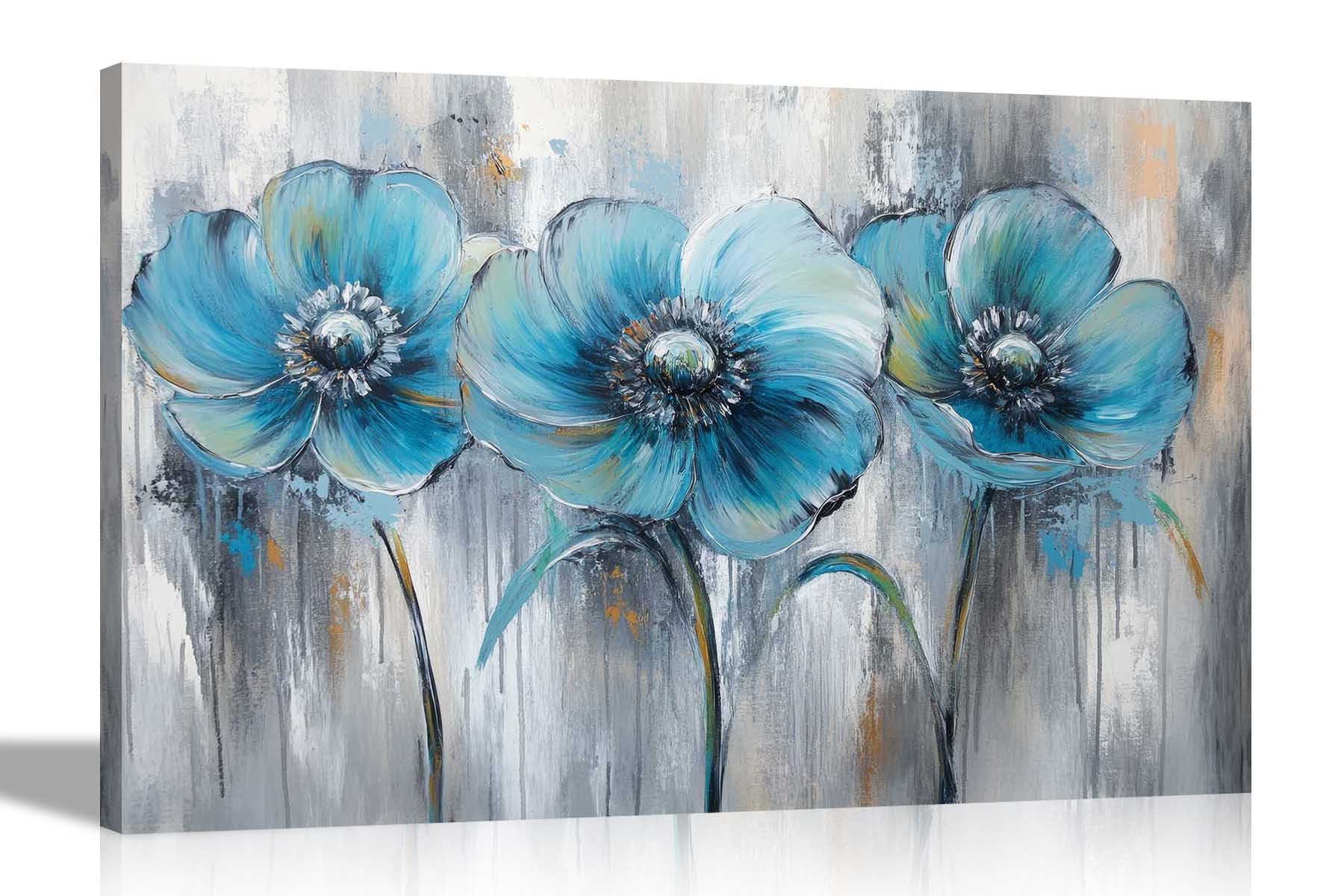 Artley Prints Rustic Flowers Sky Blue - Abstract Sky Blue Flowers Grey Rustic Canvas Wall Prints Living Room Floral Artwork Bedroom Office Hallway Art Pictures 76 X 50Cm (30 X 20 Inches)