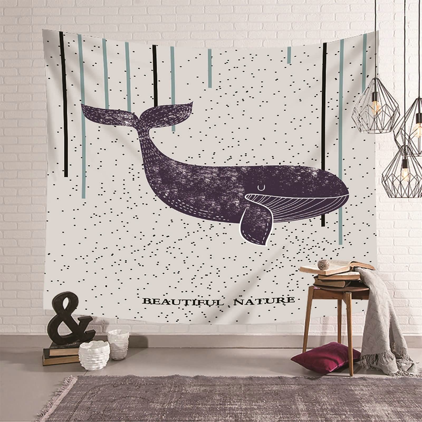 Tapiz de pared de ballena decorativo moderno de poliéster negro para salón de 150 x 130 cm