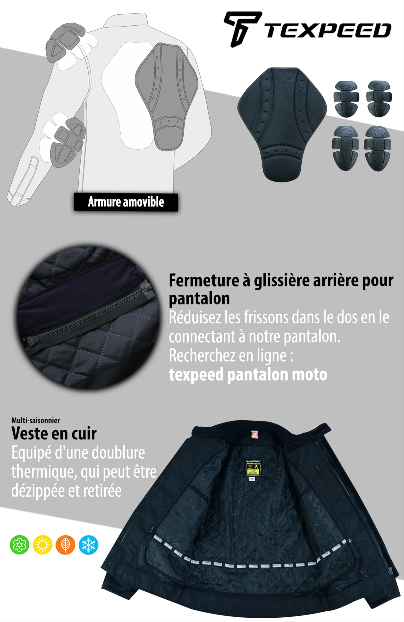 Texpeed blouson de moto en cuir pour homme - Veste de moto de tourisme avec protection biker CE armor (EN 1621-1) - Noir - XL | EN 17092 Vêtement Moto Renforcé, EN 1621-1 [Niveau 1] Armure Motard Flexible, Doublure Hiver, Cuir de Vache Véritable