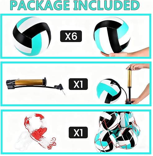Miniatura 2 de Paquete de 6 pelotas de voleibol tamaño oficial 5, impermeables, suaves, a granel, recreativas, con bomba y bolsa de red, para interiores y