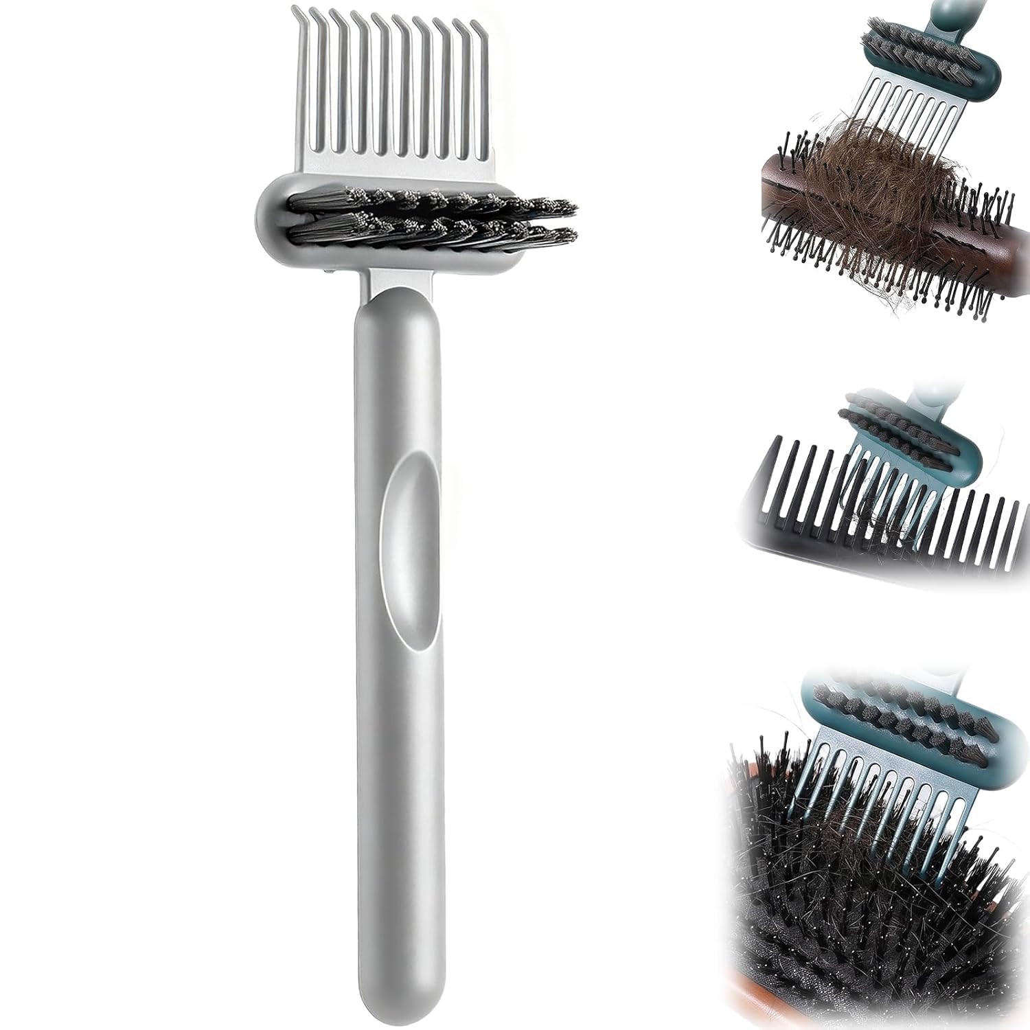 2-in-1 Hair Brush Cleaner Tool, Double-Sided Comb Cleaner - Professional Hairbrush Remover Rake for Hair, Dust & Oil, Upgraded Nylon Bristles, Ergonomic Grip for Salon Travel (1 Pack-Grey)