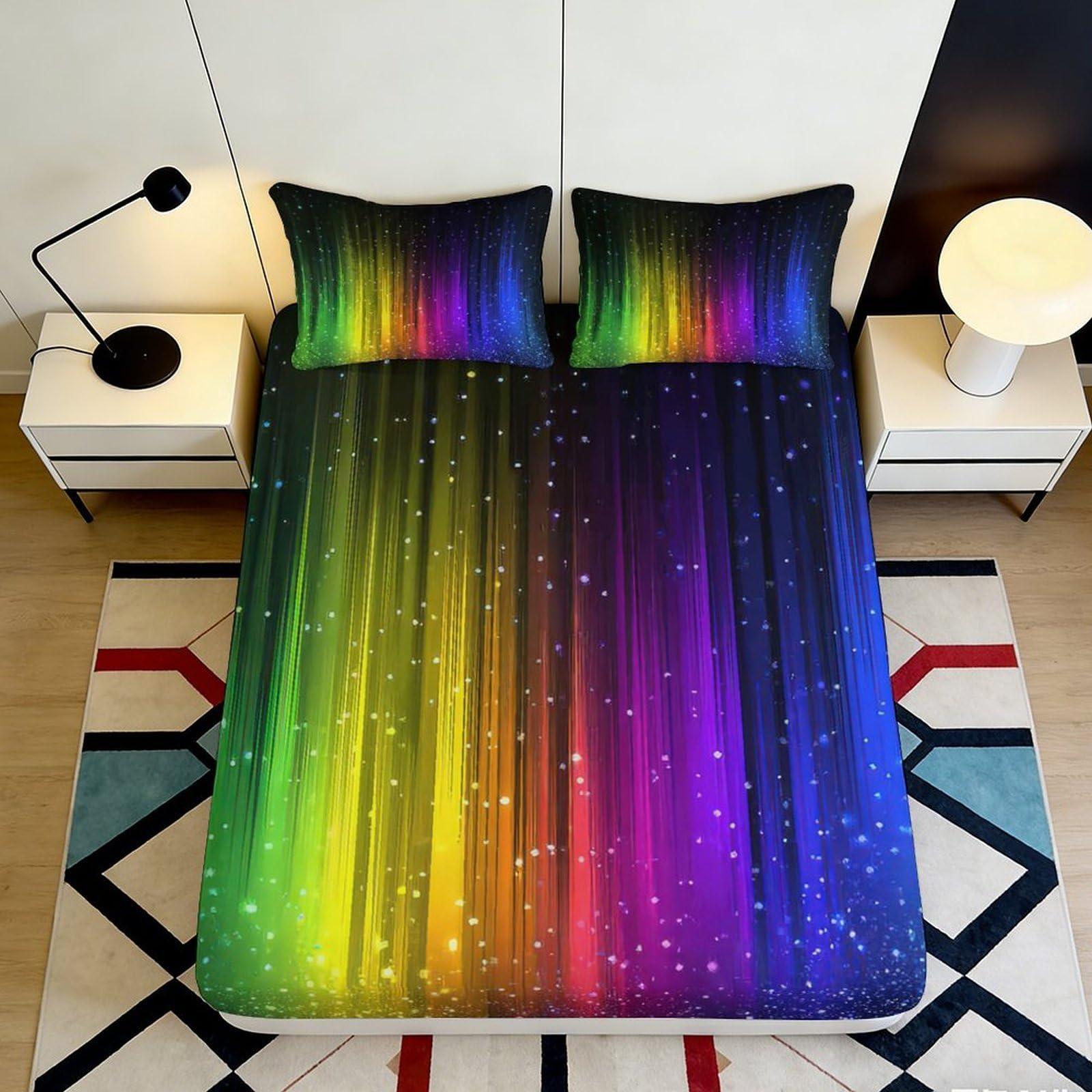 3D Printed Aurora Night Fitted Sheet Microfiber Rainbow Light Mattress Cover for Bedroom Dorm Easy Care 140x200x25cm