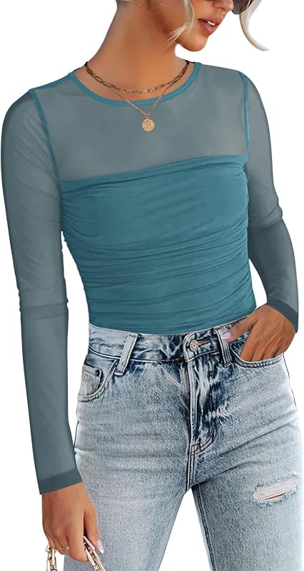 Zeagoo Long Sleeve Shirts for Women Sheer Mesh Sexy Blouses Fall Fashion Crewneck Going Out Tops