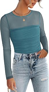 Long Sleeve Shirts for Women Sheer Mesh Sexy Blouses Fall Fashion Crewneck Going Out Tops