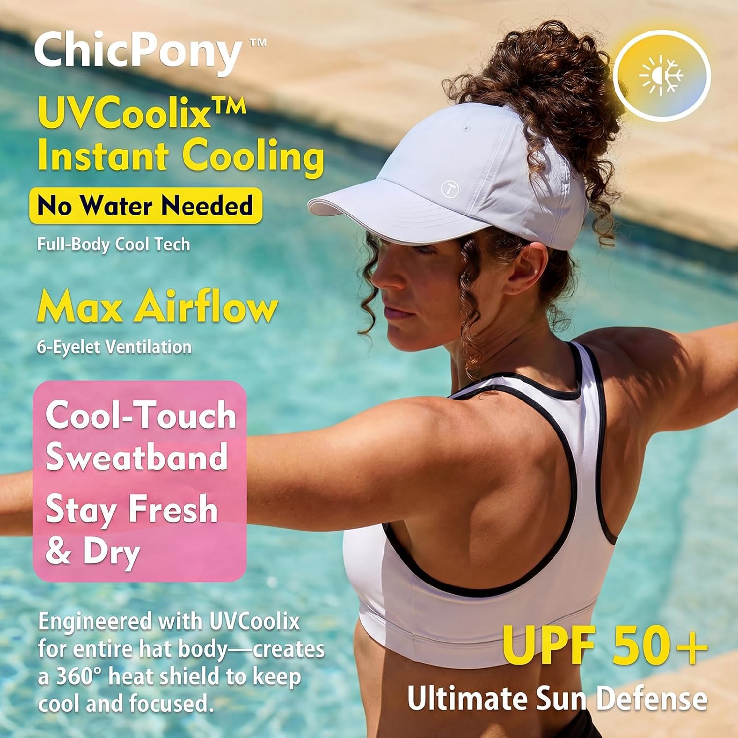 TOP-EX ChicPony™ UVCoolix Instant Cooling Baseball Cap, UV 50 High Ponytail Hat for Women Soft Top Hard Brim
