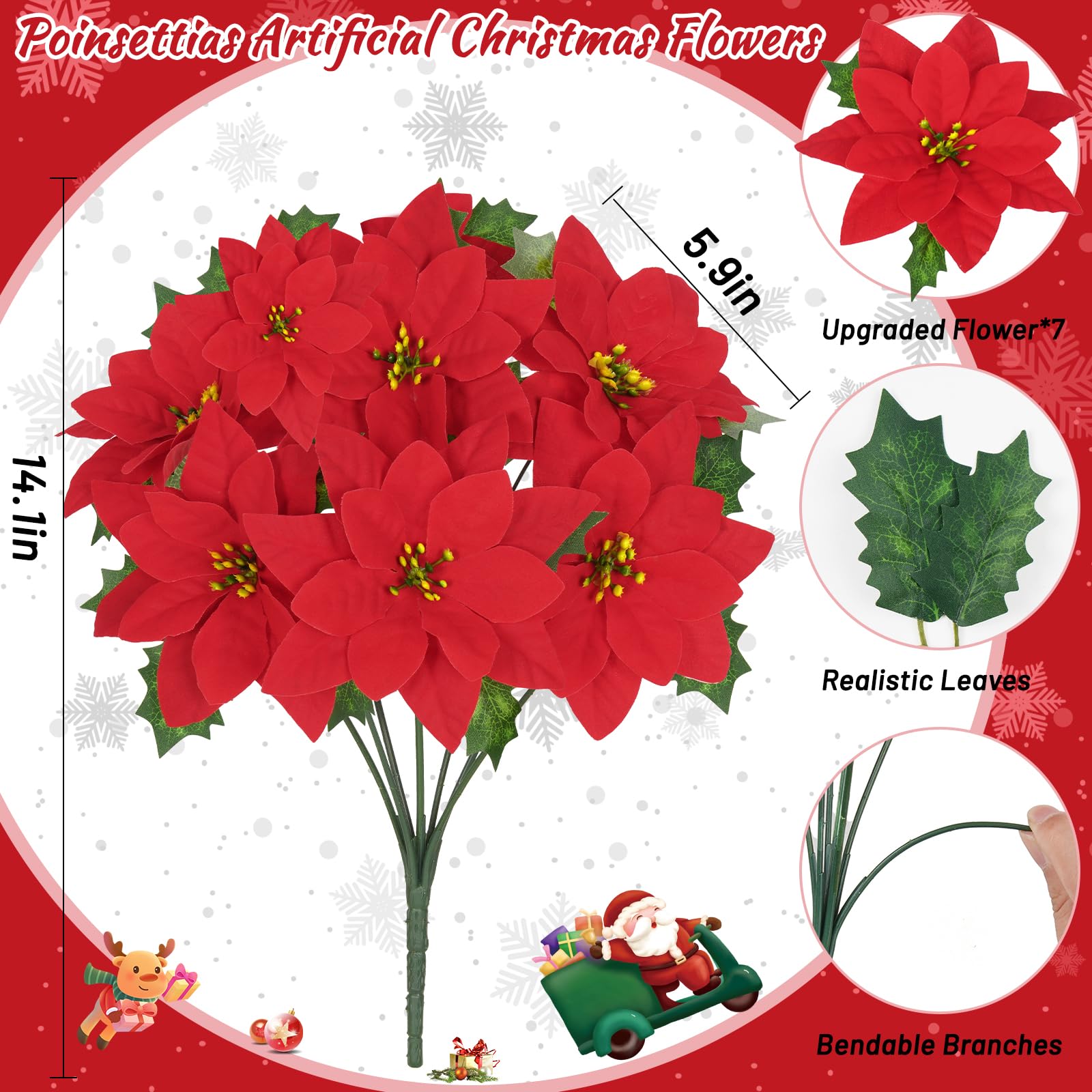 Decoraciones de Navidad – Paquete de 12 flores artificiales de Navidad de 14.1 pulgadas, flores de Pascua artificiales de terciopelo rojo para árbol de Navidad, hogar, fiesta, porche, patio,