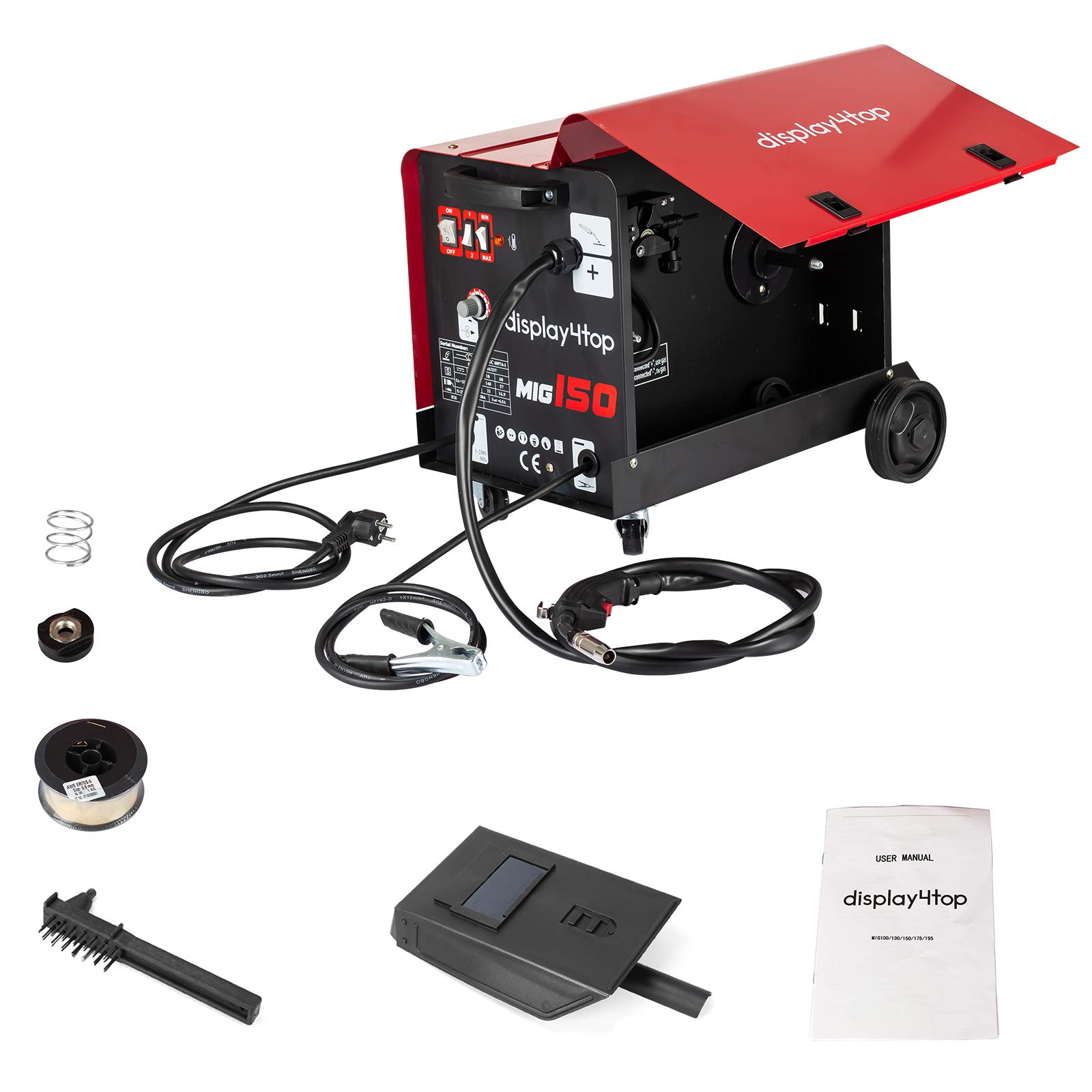 Display4top Professional Mig 150 Welder Gasless 220V No Gas with Mask & Welding Weld Wire with Brush/Tool Accessories，Fan Cooling，Red (MIG 150)