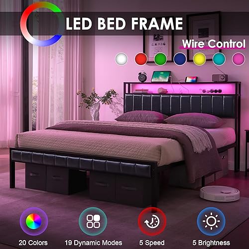 Miniatura 5 de AMERLIFE Base de cama de plataforma de tamaño matrimonial, marco de cama LED con piel sintética y estación de carga, cabecera de almacenamiento de 2