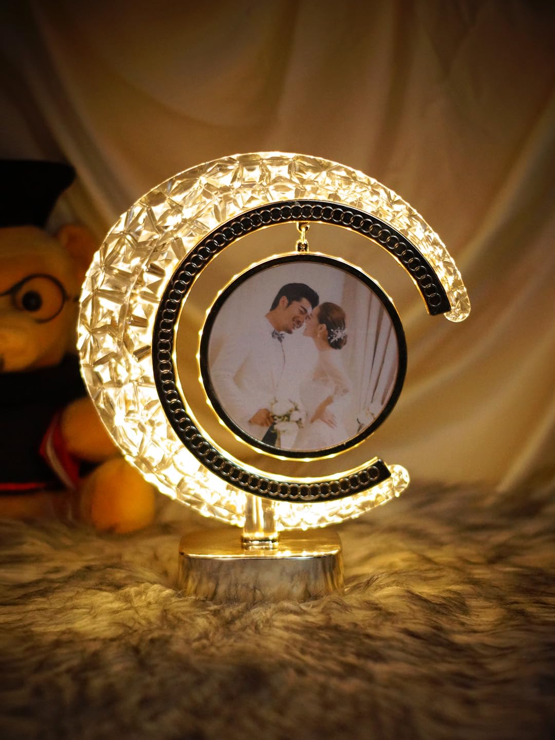 FEELINGS WE CUSTOMIZE EMOTIONS Half moon shape Crystal LED Photo frame | Home Decor | Anniversary Gift | Gifts for Couples