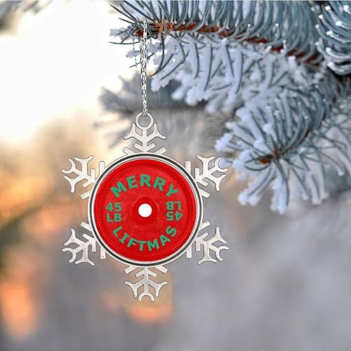 Miniatura 8 de Plato de pesas con barra para amantes del fitness, adornos de Navidad 2022, adornos de copo de nieve, decoraciones de Navidad para árbol, novedad de