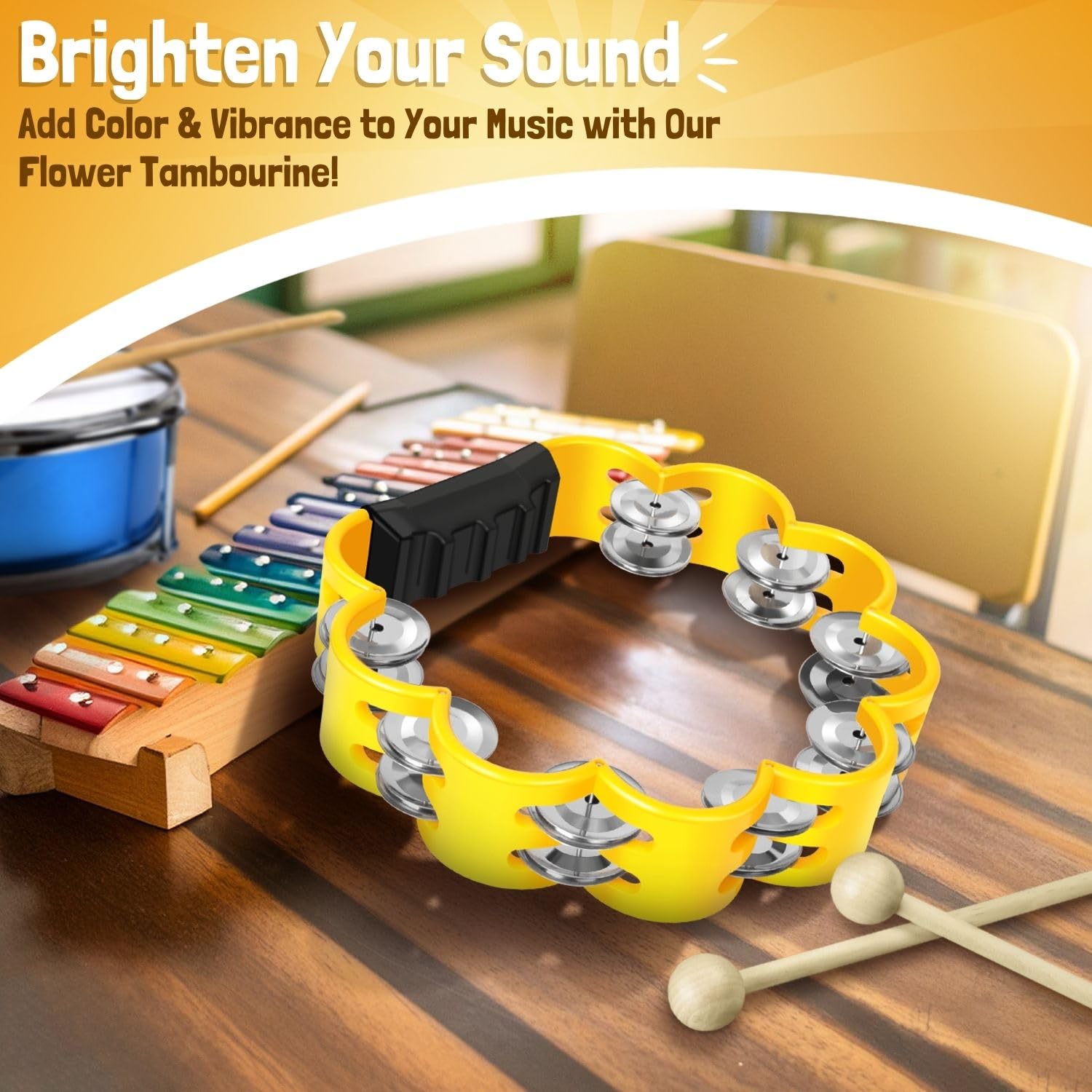 Flexzion Flower Tambourine, 8 Inch Handheld Percussion Instrument w/Metal Jingles & Ergonomic Grip - Image 2