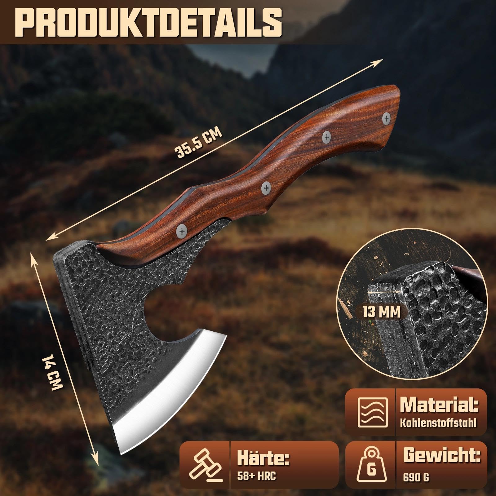 Purple Dragon Beil Axt Outdoor, Axt Holz Spalten, Spaltaxt für Holz, Handgeschmiedete Camping Axt aus Kohlenstoffstahl mit Holzgriff und Lederscheide für Survival und Wandern Geschenk für Männer