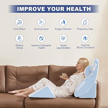 WSOFRLAC 4PCS Wedge Pillow Set for Sleeping – Orthopedic Bed Pillow for Post Surgery, Adjustable Memory Foam Support for Sitting Up in Bed, Back Pain, GERD, Snoring Relief, White Blue