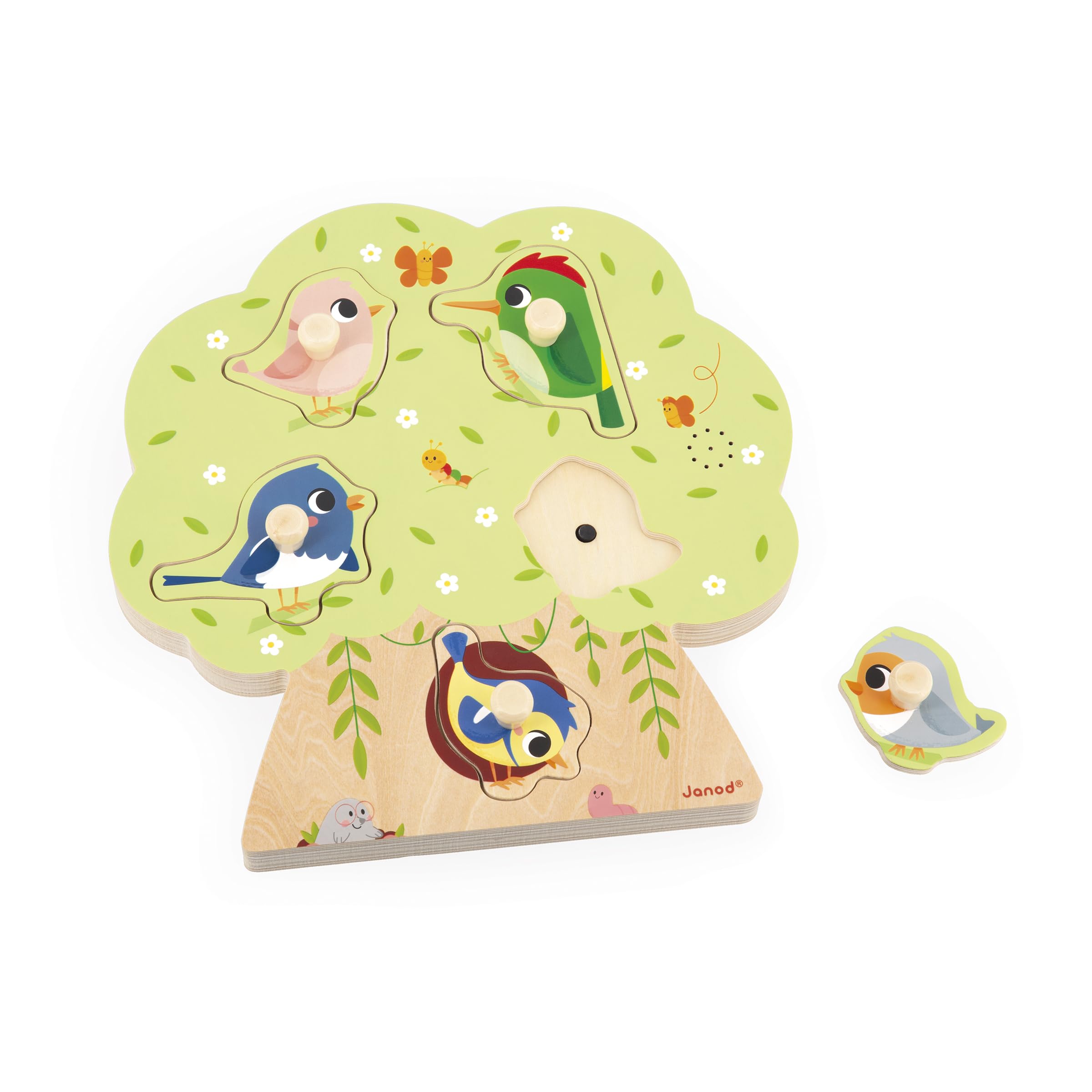 Janod - Puzzle Sonore en Bois Oiseaux - 5 Pièces Qui Déclenchent des Sons d'oiseaux - Développe la Motricité et Audition - Dès 18 Mois