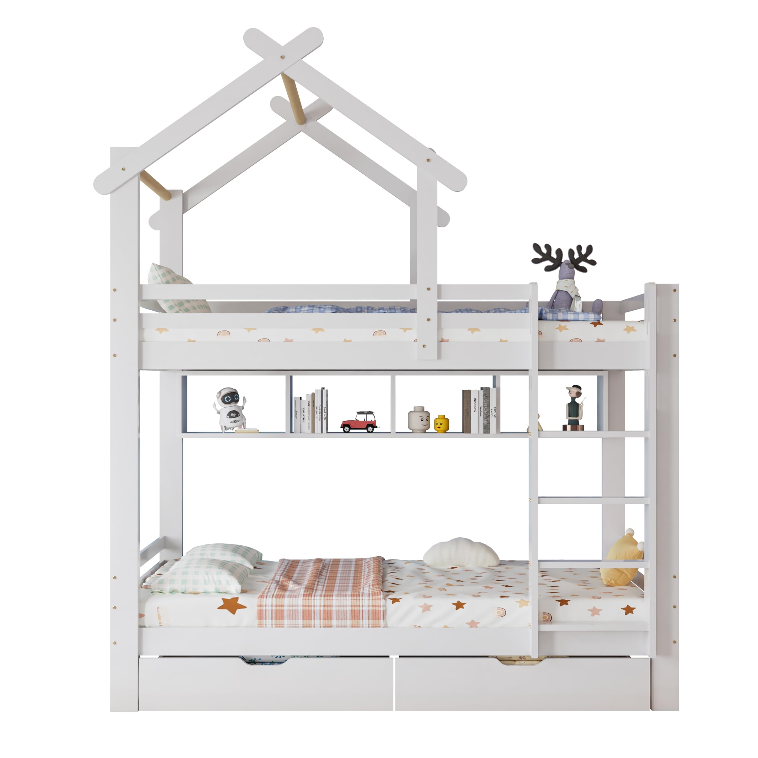 Etagenbett 90x200, Kinderbett Hochbett für 2 Kinder, Hausbett mit 2 Schubladen&Regalen&Dach&Leiter, Kinderhochbett mit Rausfallschutz&Lattenrost, Bettgestell Stockbett Familienbett, Massivholz, Weiß