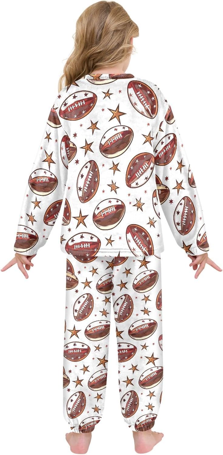 Kids Flannel Sets Pattern with Rugby Balls and Stars Warm Plush Relaxed Clothing for Boys and Girls