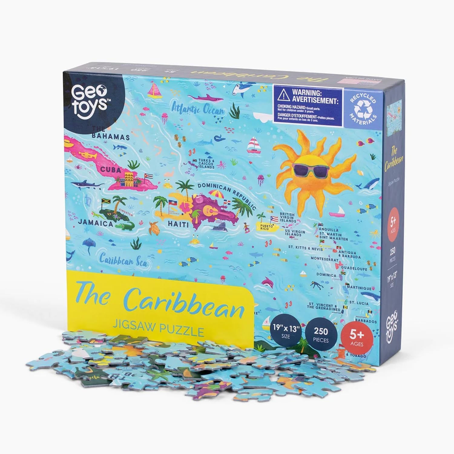 GeoToys Caribbean Jigsaw Puzzles, Geography Puzzle, 250 Pc Map Puzzle with Flags - Island & Sea Life Puzzles for Kids, Educational Toys for 5+ Year Old Boys & Girls